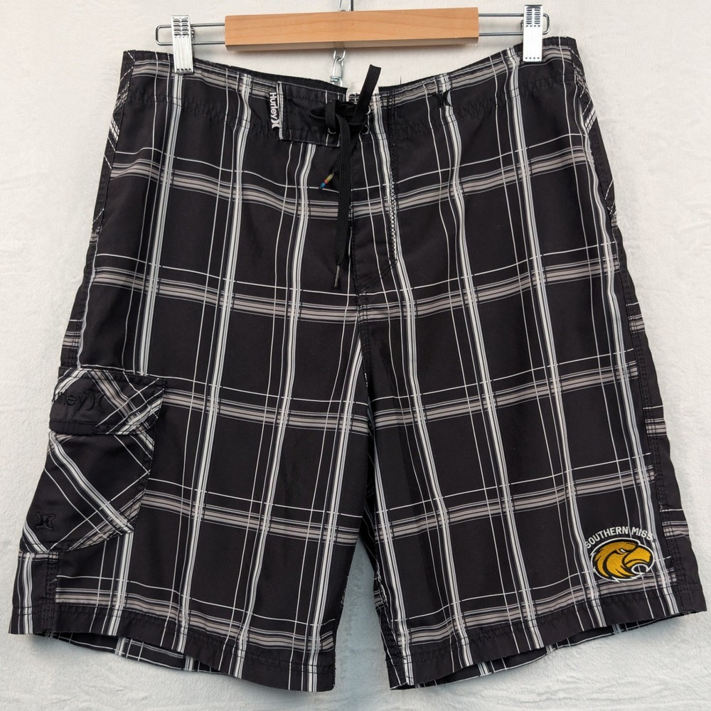 VTG Hurley Board Shorts Men's 34 Black 10" Plaid Southern Miss Golden Eagles Y2K